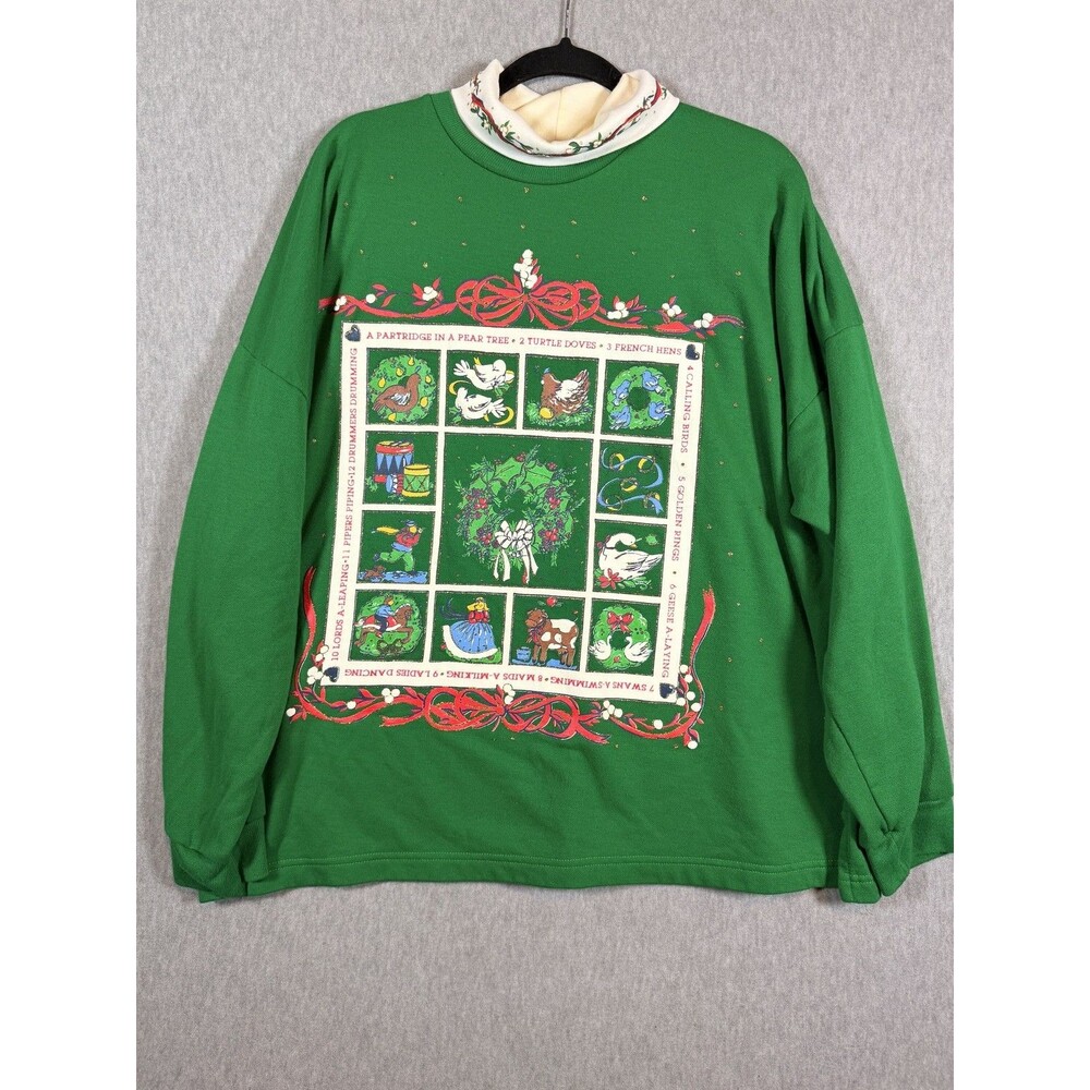 Holiday Time 12 Days of Christmas Sweater Womens 24W Green Layered Look Plus